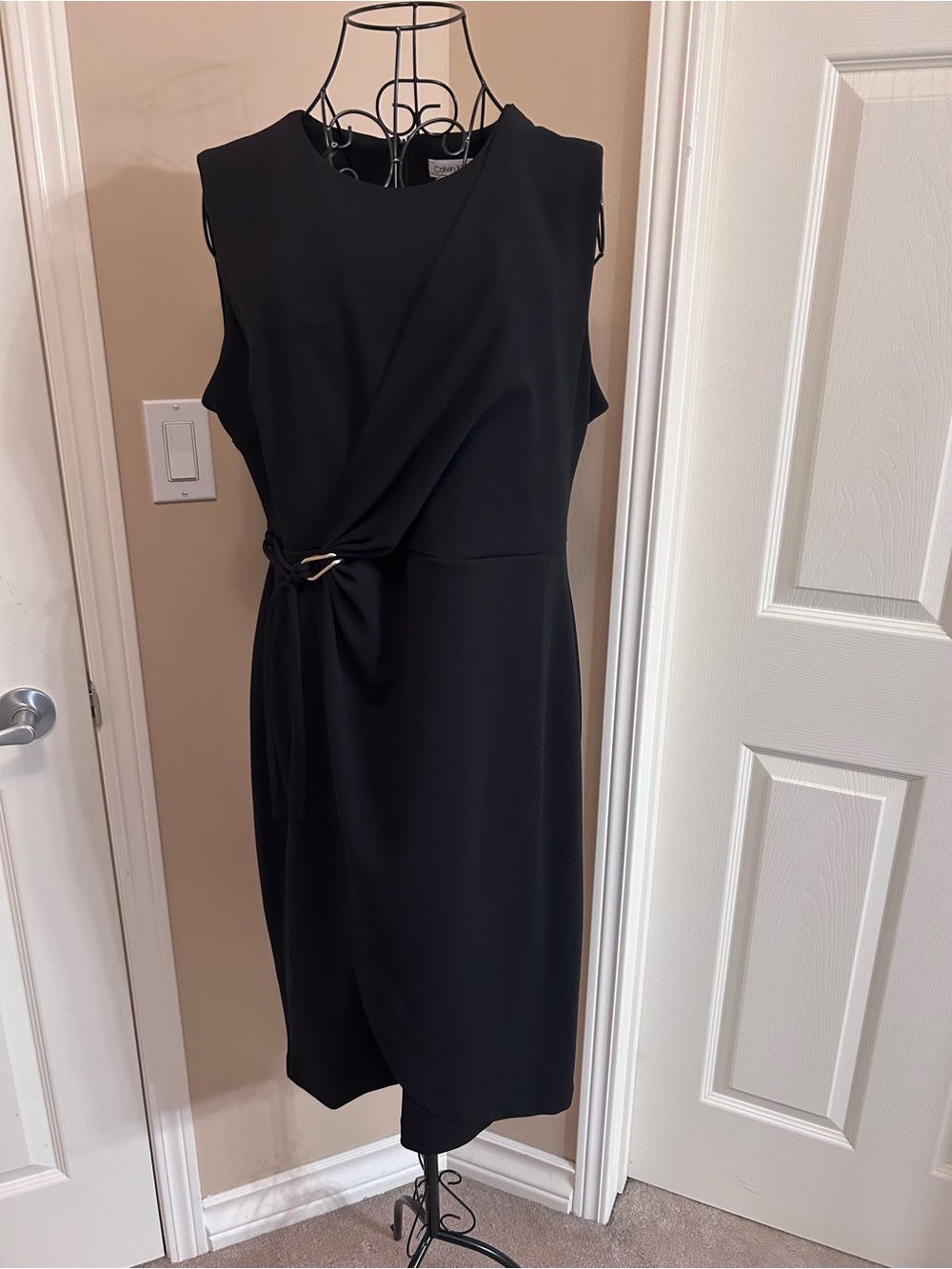 Calvin Klein Black Sleeveless Draped Sheath Dress with Side Ring